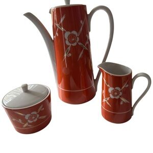 Japanese Style 3 Piece Coffee Set Creamer and Sugarer 8 inches Mid-Century 1960